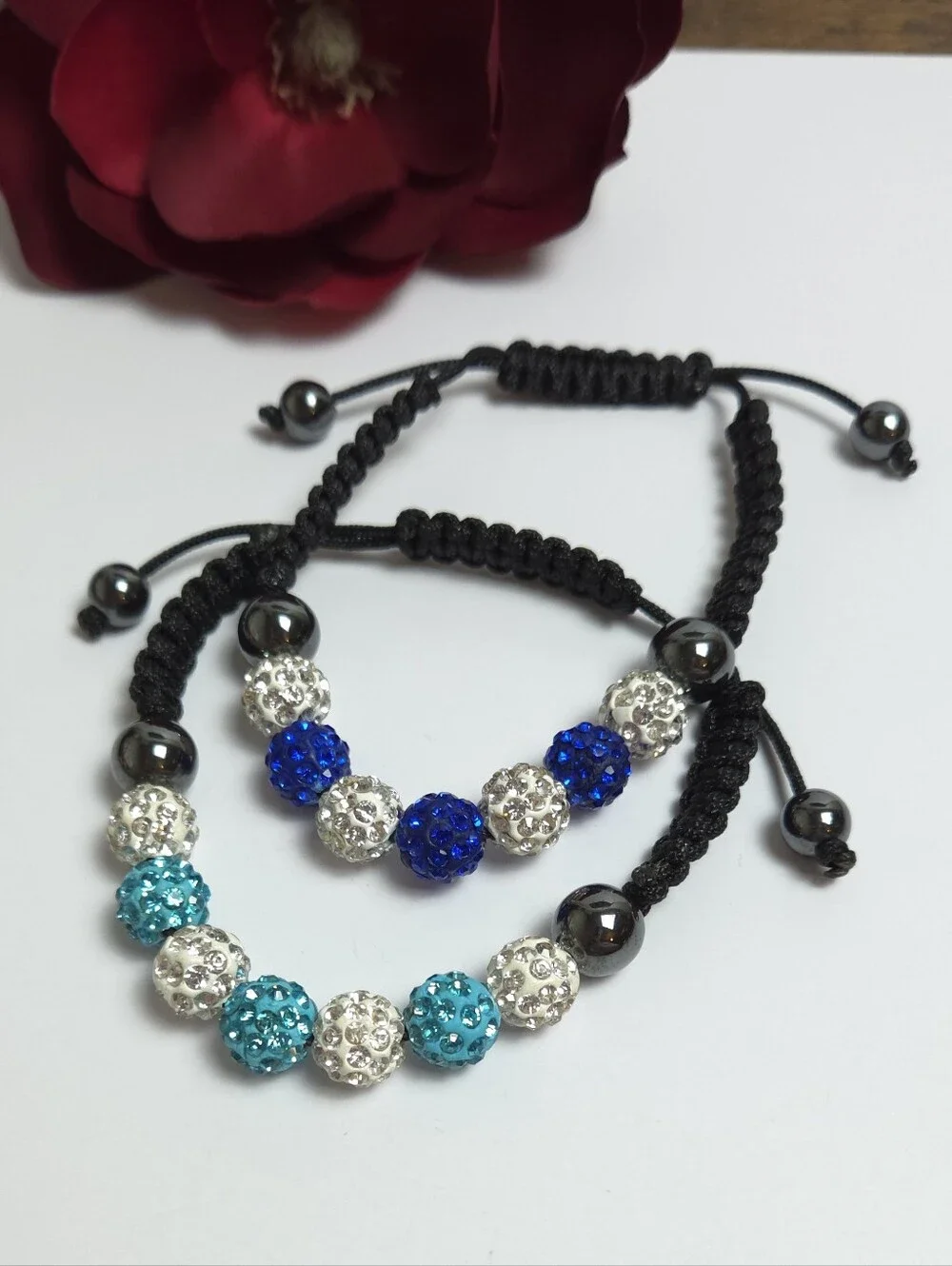 2 Handmade Shamballa Crystal Beaded Macrame Bracelets Light & Dark Blue